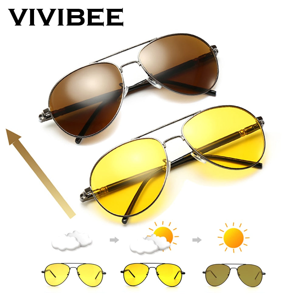 VIVIBEE Men Photochromic Night Vision Polarizing Sun Glasses Pilot Style Aluminum Women Polarized Driving Sunglasses Yellow