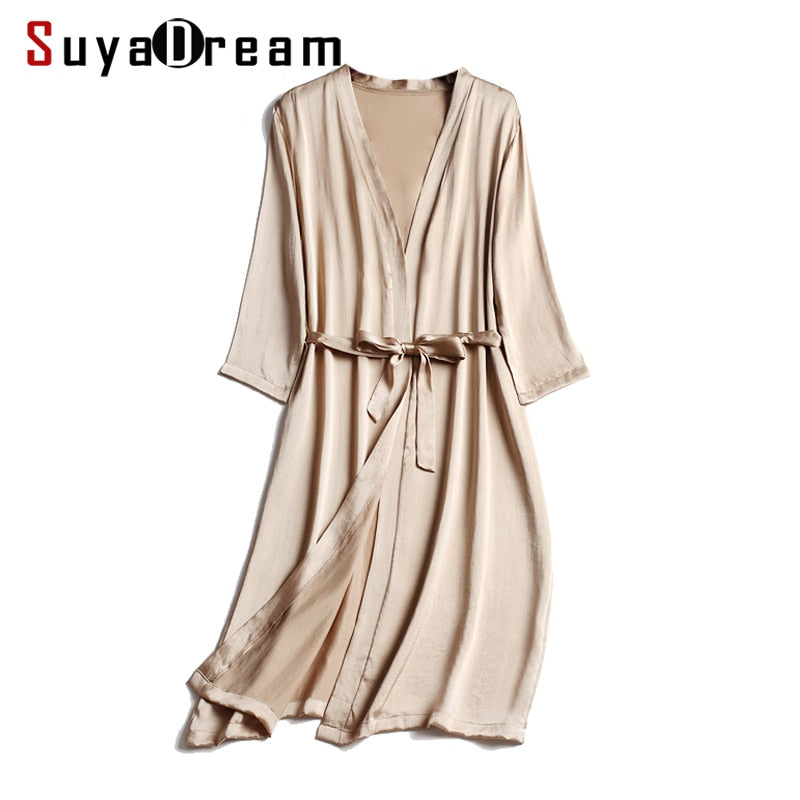 SuyaDream 100% رداء نسائي من الحرير الطبيعي مصنوع من الحرير والساتان بطول الركبة رداء بحزام ملابس نوم صحية 2021 ملابس منزلية للربيع والخريف كيمونو