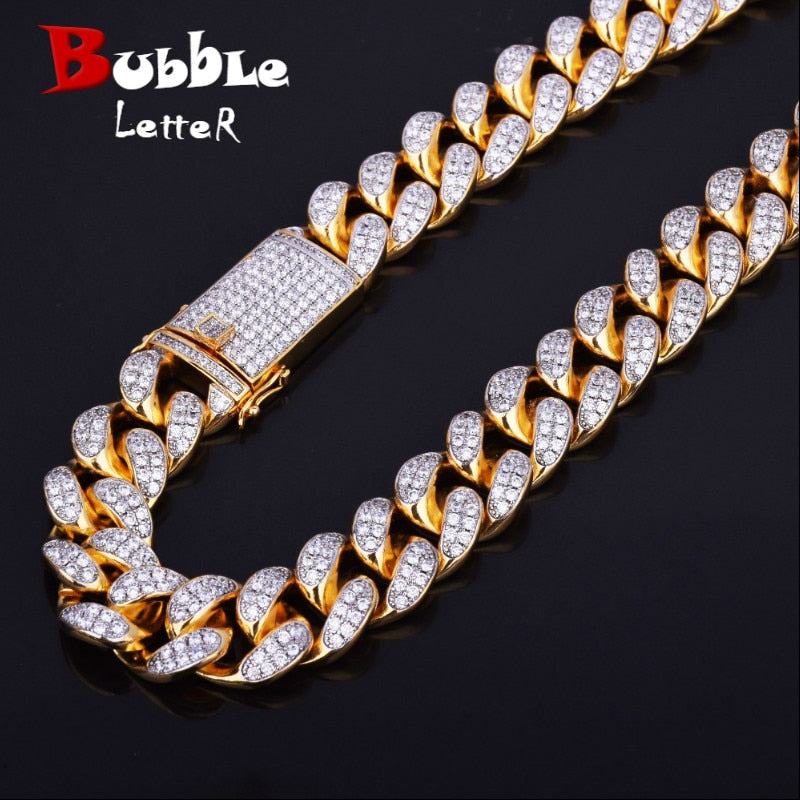 Bubble Letter Miami Cuban Link Chain for Men&#39;s Necklace Choker Bling Hip Hop Jewelry Real Gold Plated Charms Free Shipping