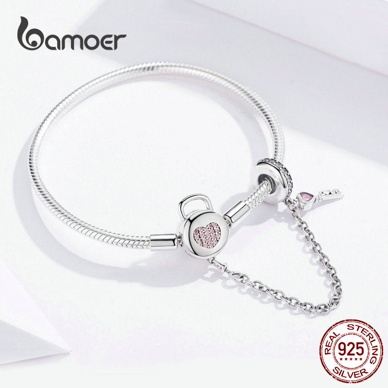 Bamoer 925 Sterling Silver Snake Chain Bracelet Zircon Pink Heart Lock and Key Safety Charm Bracelet for Women Gift SCB143