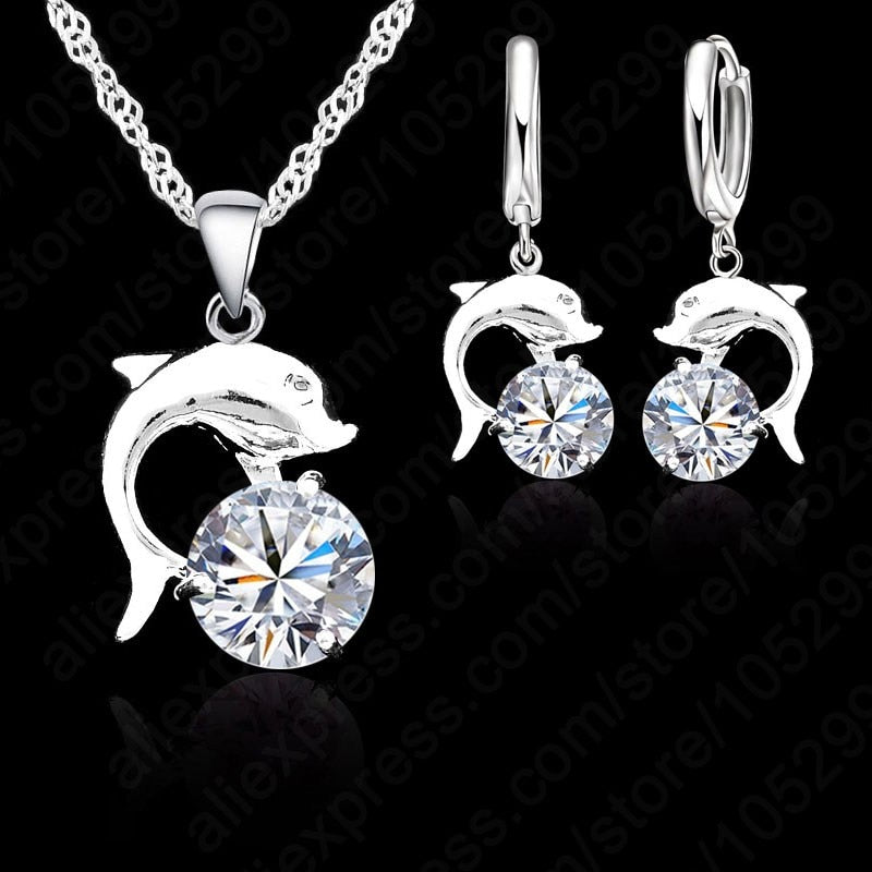 Hot Sale Cute Lovely Dolphine Lever Back Earring Necklace Sets 925 Sterling Silver White Purple CZ Stone Crystal Jewelry