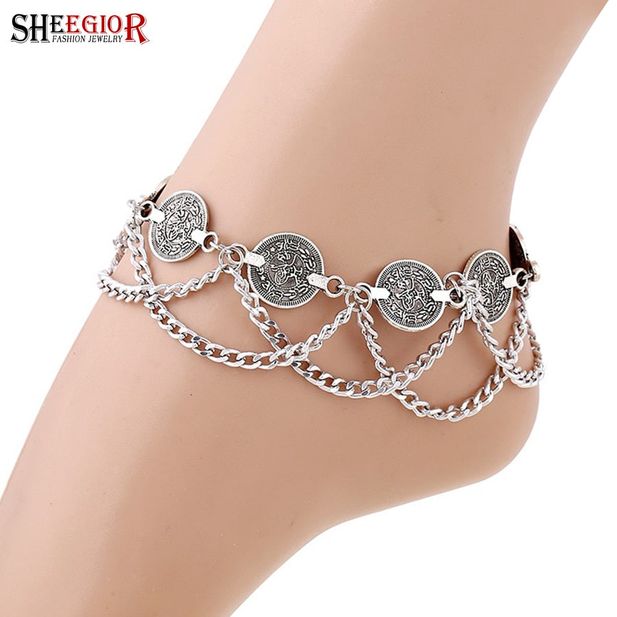 Vintage Silver color Anklets for Women Accessories Coin Charm Tassel Toe Ankle Bracelet Beach Chaine Cheville Femme Foot Jewelry