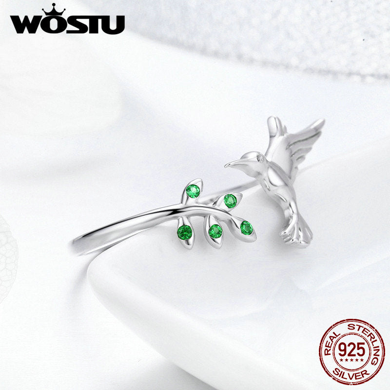 WOSTU Authentic 925 Sterling Silver Hummingbird &amp; Leaves Ring For Women Nature Style S925 Silver Jewelry Gift CQR323