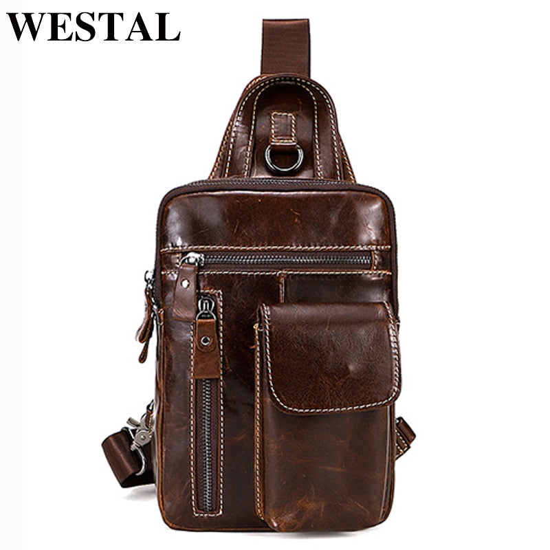 حقيبة صدر للرجال من الجلد الأصلي من WESTAL، حقيبة كتف للرجال، حقيبة كتف للسفر، حقيبة نهارية صيفية مصممة عبر الجسم