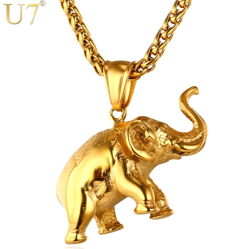 U7 الفولاذ المقاوم للصدأ الذهب اللون العصرية الفيل سحر قلادة قلادة للرجل سلسلة سميكة الحيوان محظوظ مجوهرات هدية P755