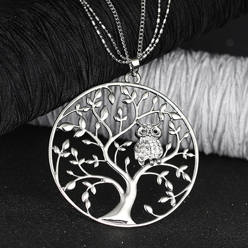 Gold Silvery Owl Necklaces for Women female Statement Jewelry Gift Big Tree Of Life Pendant Layered Chain Long Necklace 2020