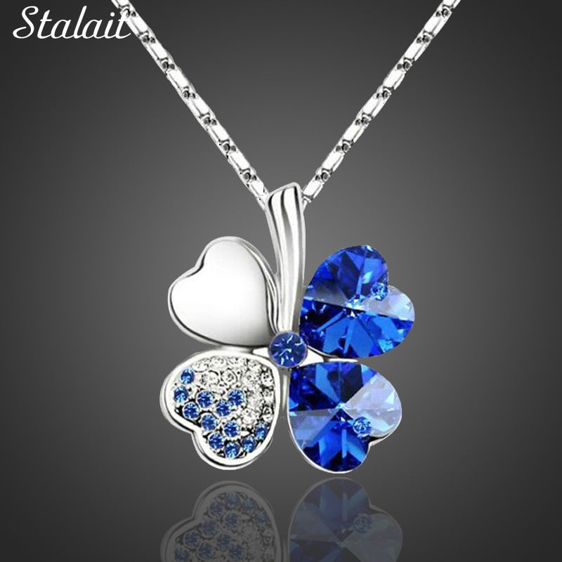 Fashion Jewelry Silver Color Austrian Crystal Necklace Four Leaf Leaves Clover Heart Rhinestones Pendant Necklace Jewelry