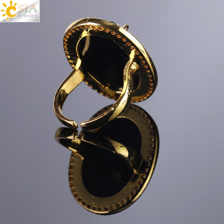 CSJA جوهرة الحجر الطبيعي الأوجه افتتاح خاتم قابل للتعديل الذهب اللون مطلي كريستال تشيكوسلوفاكيا الزركون حجر الراين خواتم للنساء الرجال F458