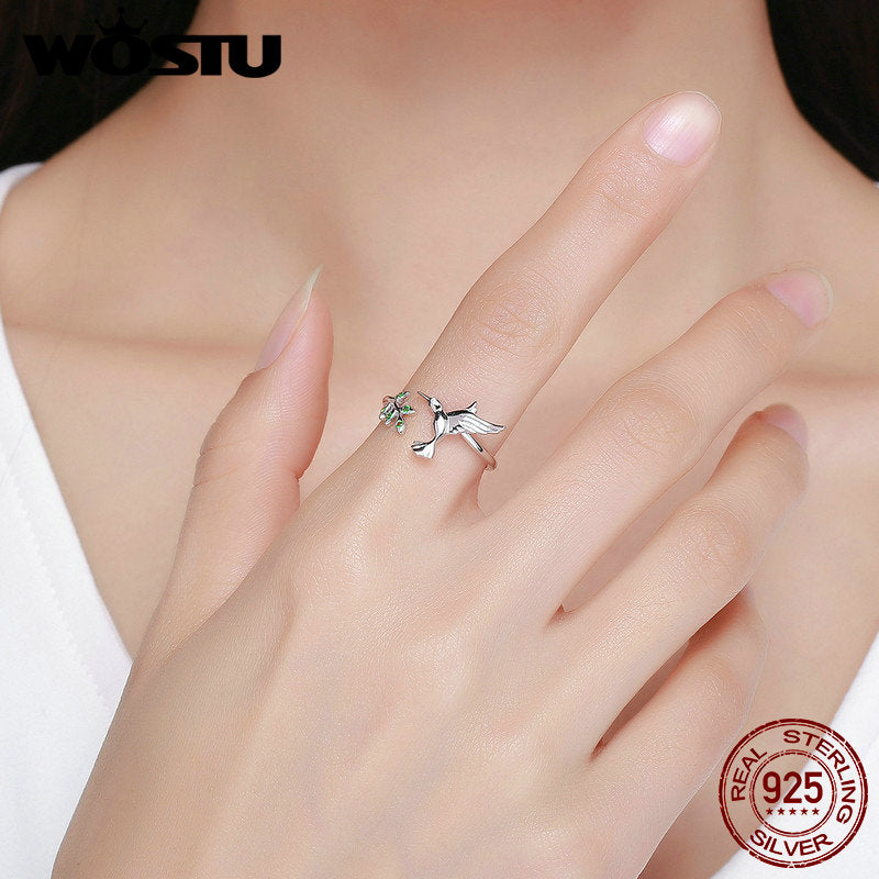 WOSTU Authentic 925 Sterling Silver Hummingbird &amp; Leaves Ring For Women Nature Style S925 Silver Jewelry Gift CQR323