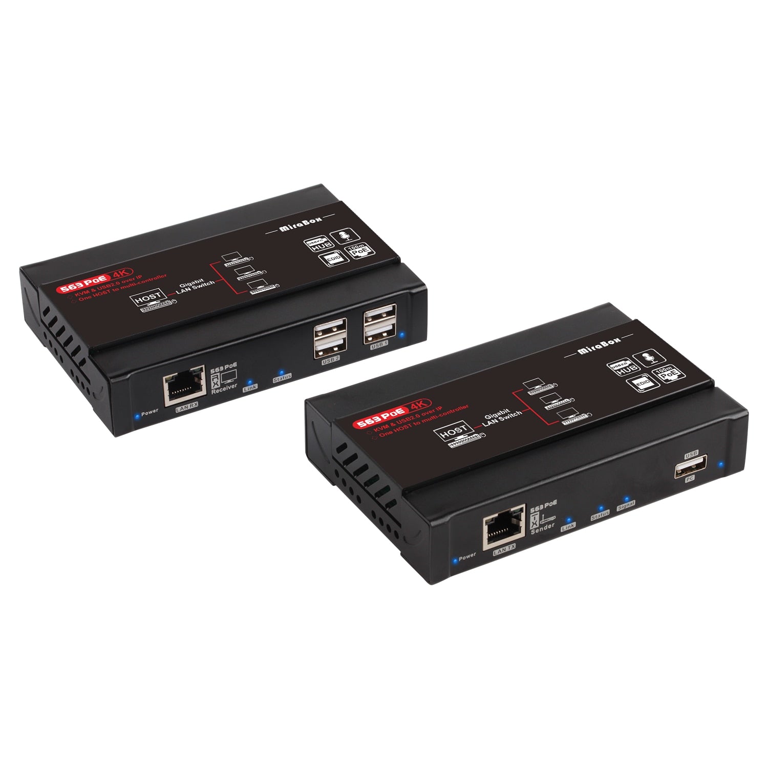 موسع Mirabox HDMI KVM 4K @ 30 هرتز عبر TCP IP يدعم محول شبكة Gigabit PoE حتى 383ft Cat6 إلى مستقبل HDMI