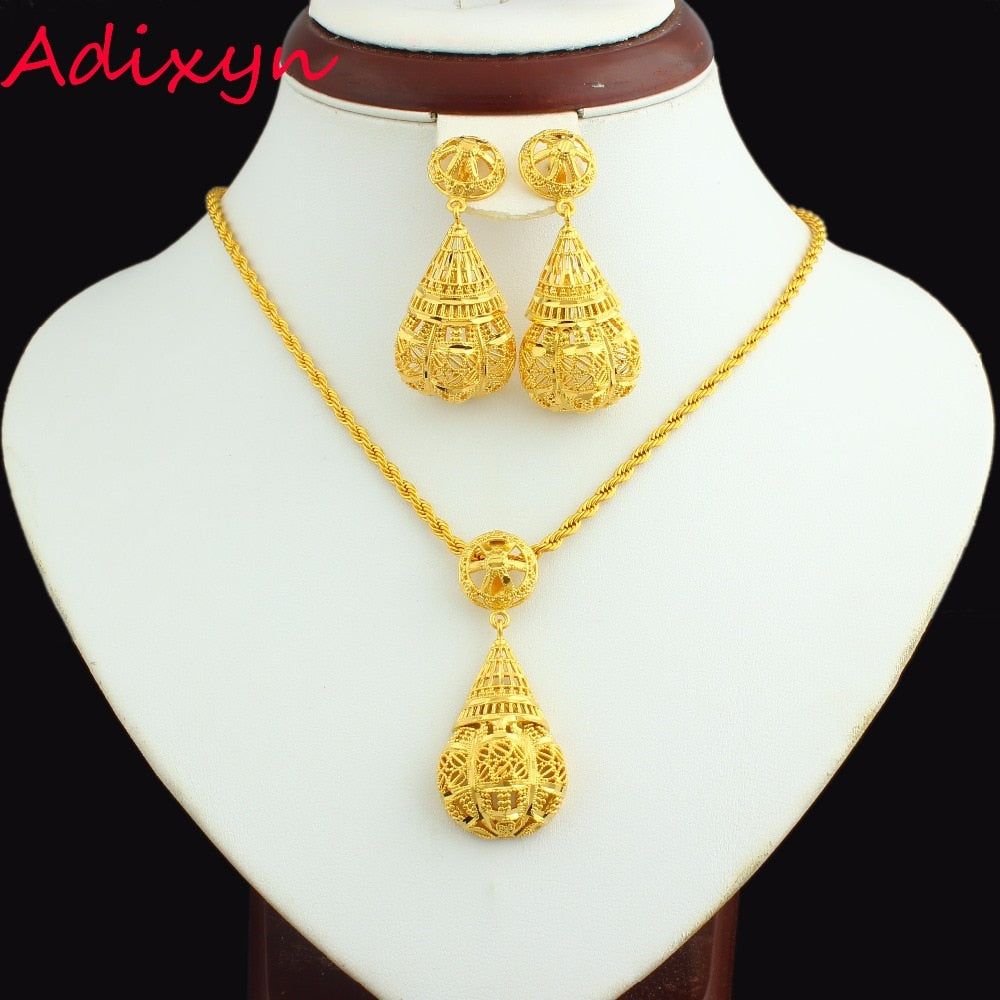 Adixyn جديد الاثيوبية مخروطي طقم مجوهرات 24K الذهب اللون القرط/قلادة/قلادة مجوهرات الأزياء الأفريقية/الهند/Habesha Giifts