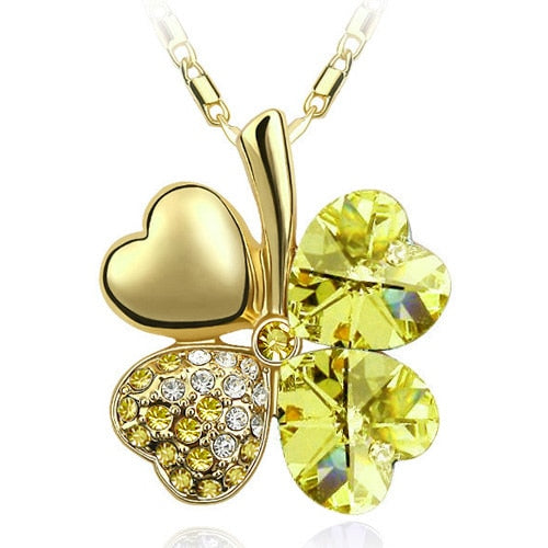 Fashion Jewelry Silver Color Austrian Crystal Necklace Four Leaf Leaves Clover Heart Rhinestones Pendant Necklace Jewelry