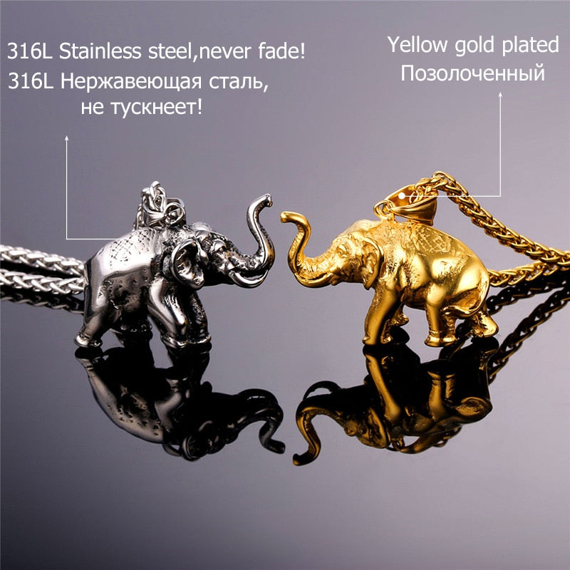 U7 Stainless Steel Gold Color Trendy Elephant Charm Pendant Necklace for Man Thick Chain Animal Lucky Jewelry Gift P755