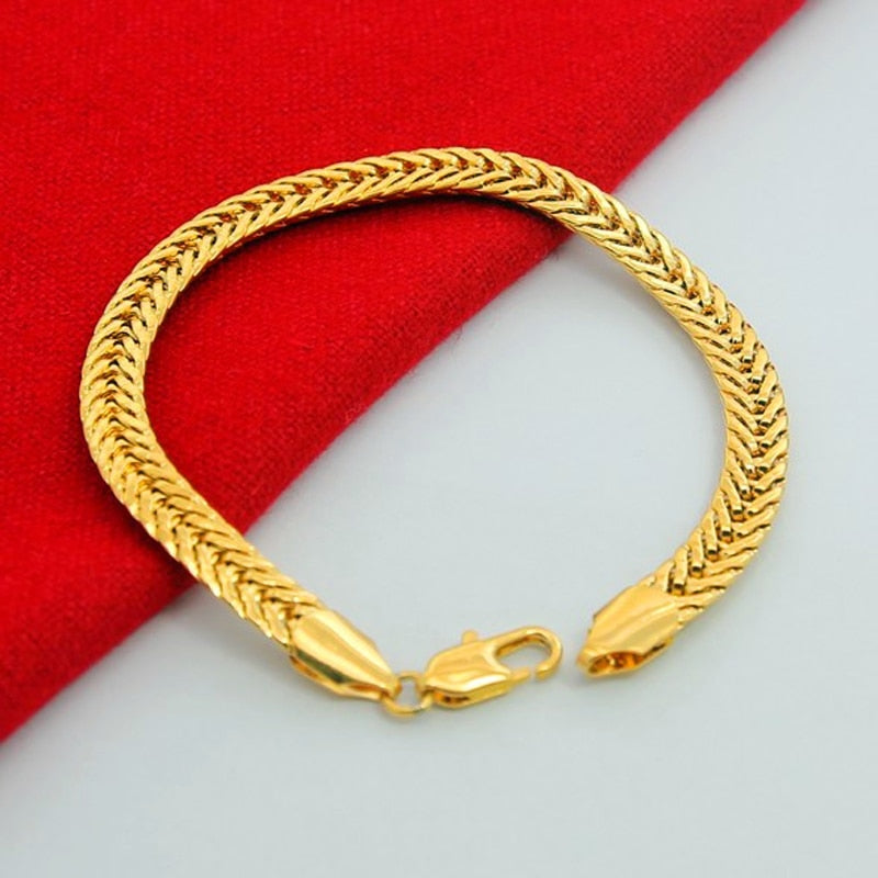 wholesale Pure Gold Color 6.5MM Width Bracelet For Men 20CM.Fashion Original Gold Plated Women men&#39;s Jewelry Bracelet