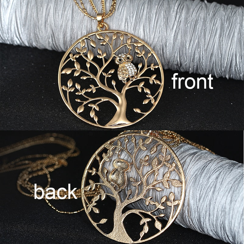 Gold Silvery Owl Necklaces for Women female Statement Jewelry Gift Big Tree Of Life Pendant Layered Chain Long Necklace 2020