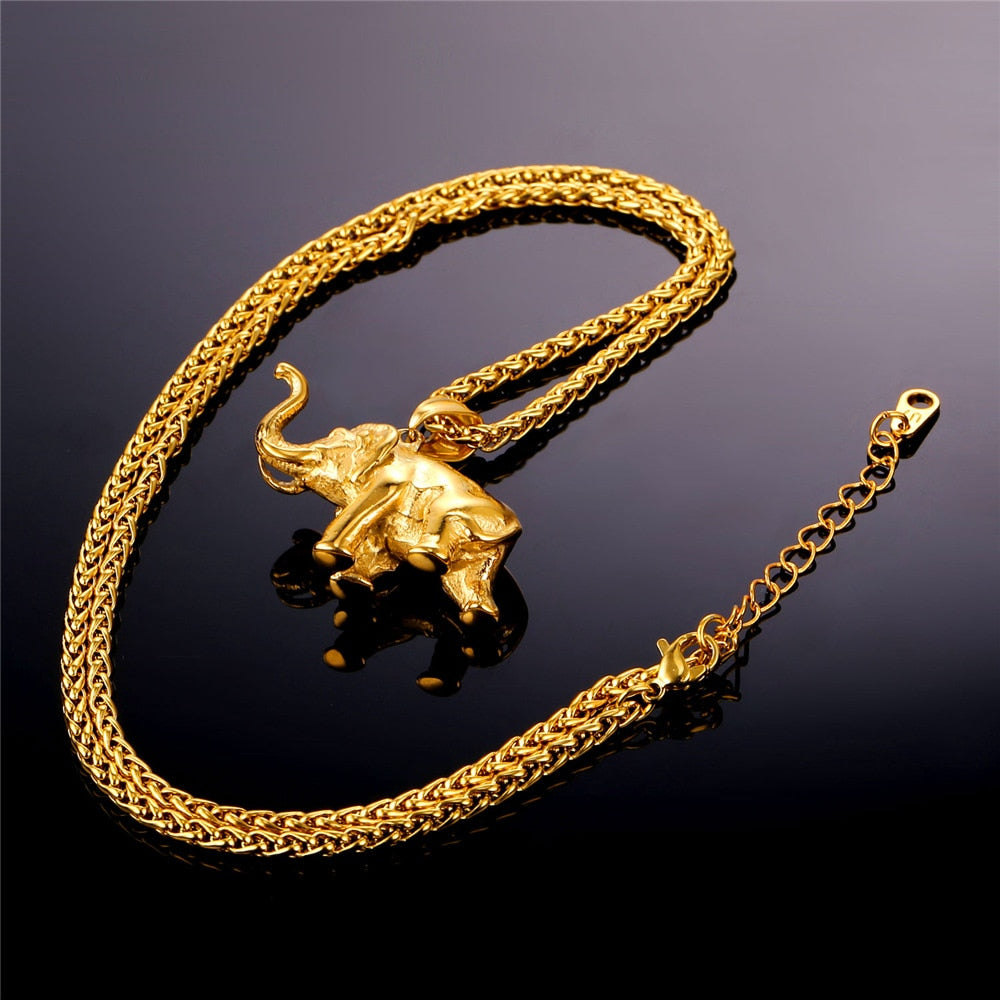 U7 Stainless Steel Gold Color Trendy Elephant Charm Pendant Necklace for Man Thick Chain Animal Lucky Jewelry Gift P755