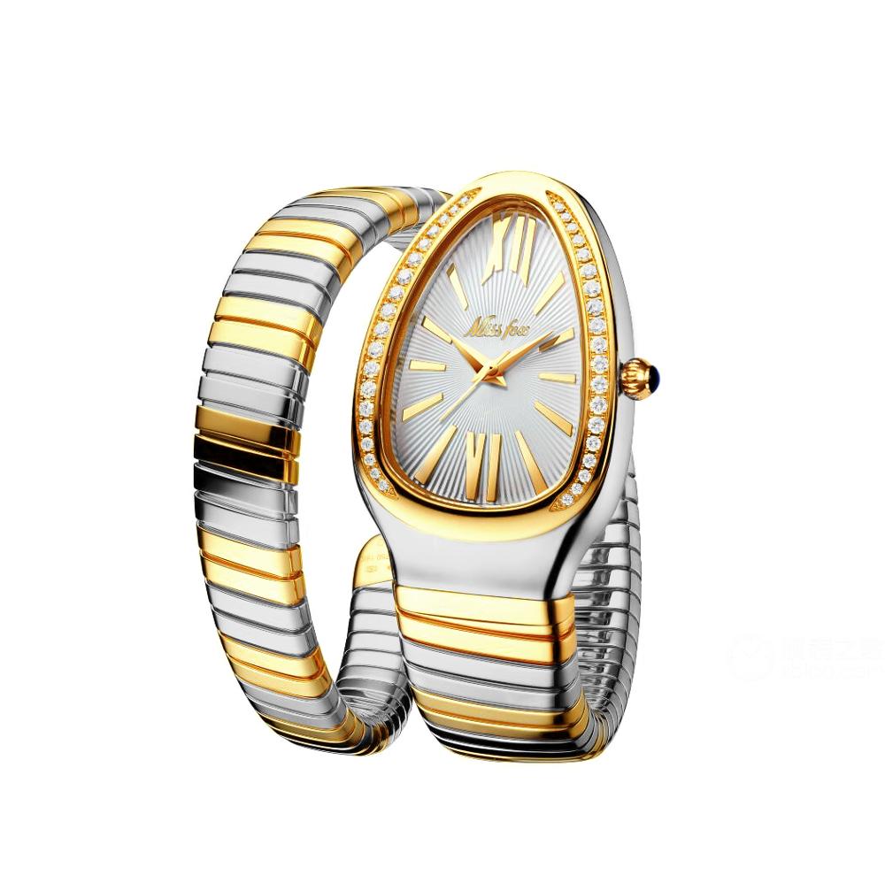 MISSFOX ساعات نسائية على شكل ثعبان ساعة معصم فاخرة للنساء فولاذ فريد من نوعه ساعة كوارتز ذهبية للسيدات ساعة Relogio Feminino