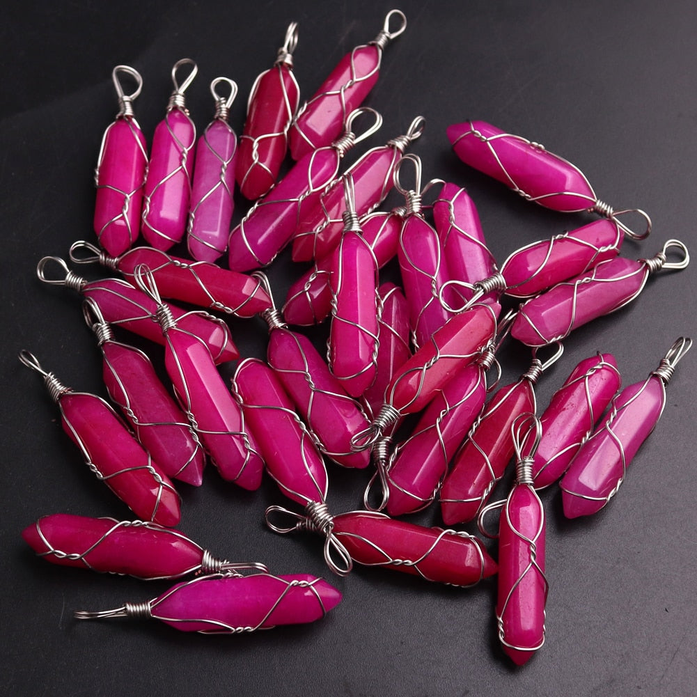 50PCS Factory Outlet Jewelry Wrapped Pendants Natural Gem Stone Wire Winding Bead For Making Necklace Crystal Hexagonal Pendulum