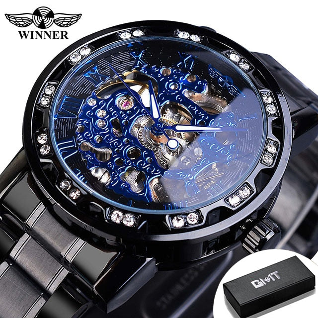 Winner Transparent Fashion Diamond Luminous Gear Movement Royal Design Men Top Brand Luxury Male Mechanical Skeleton Wrist Watch