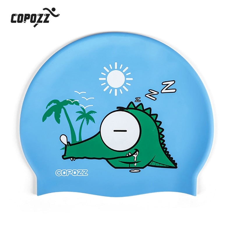 COPOZZ Kids swimming caps Cartoon Cute pig cat for Boys&amp;Girls Elastic Waterproof Ear Protection 4-12y Swim Pool Hat one size