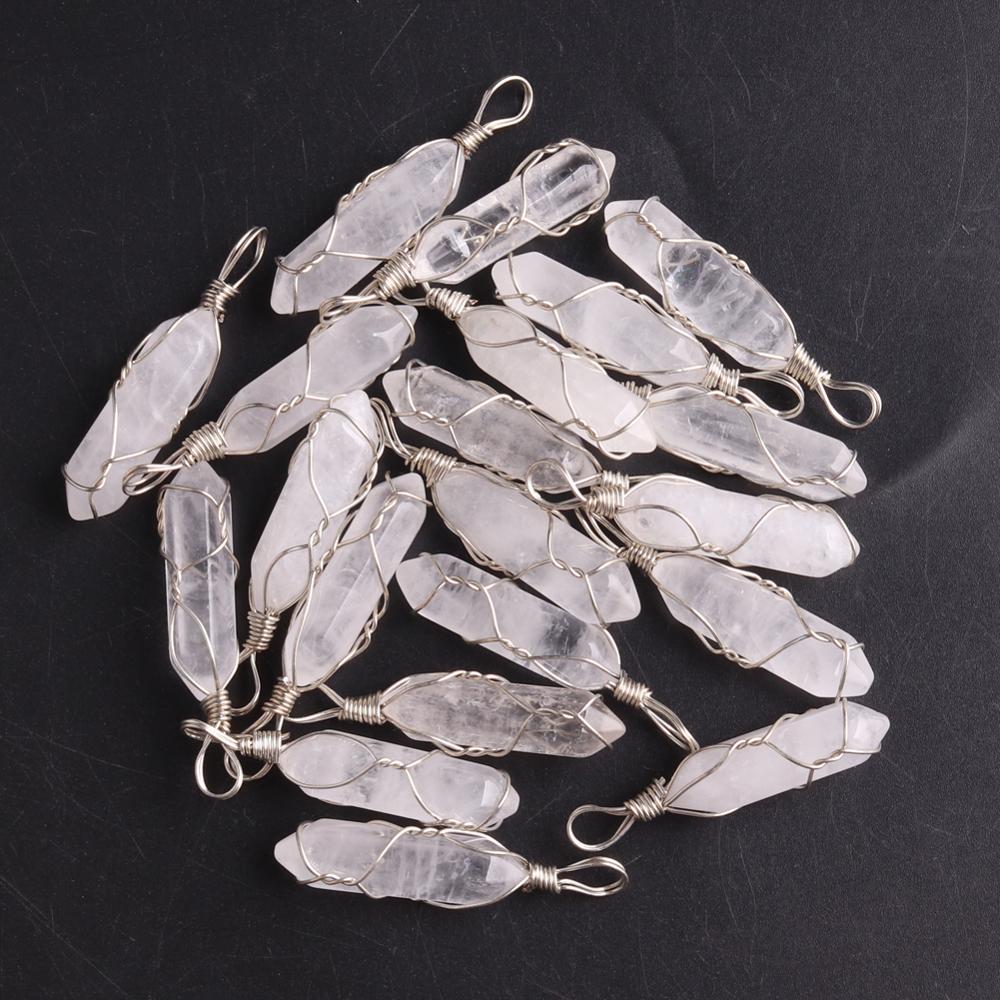 50PCS Factory Outlet Jewelry Wrapped Pendants Natural Gem Stone Wire Winding Bead For Making Necklace Crystal Hexagonal Pendulum