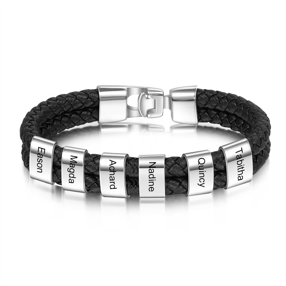 JewelOra Personalized Engraved Family Name Beads Bracelets Black Braided Leather Stainless Steel Bracelets for Men Fathers