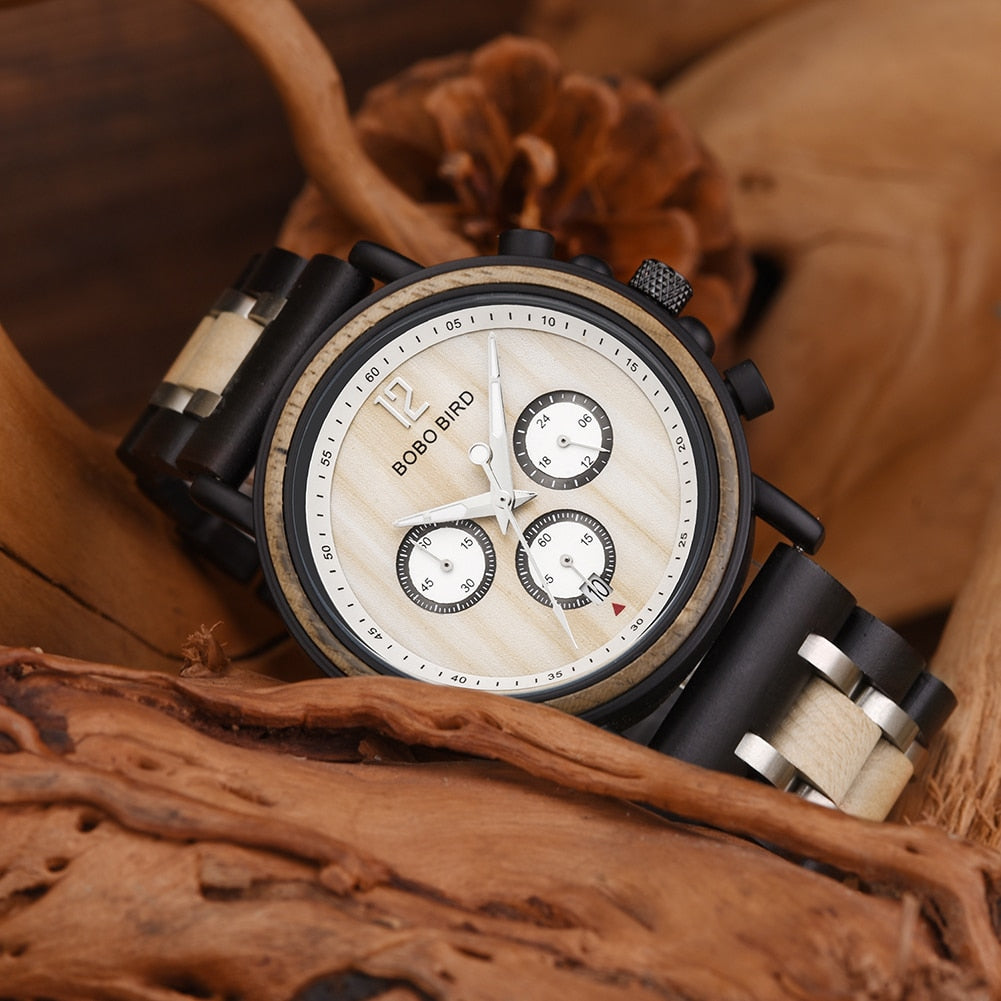 BOBO BIRD ساعة خشبية للرجال من أفضل العلامات التجارية الفاخرة الأنيقة كرونوغراف الساعات العسكرية صندوق خشبي شعار مخصص هدية عظيمة reloj hombre