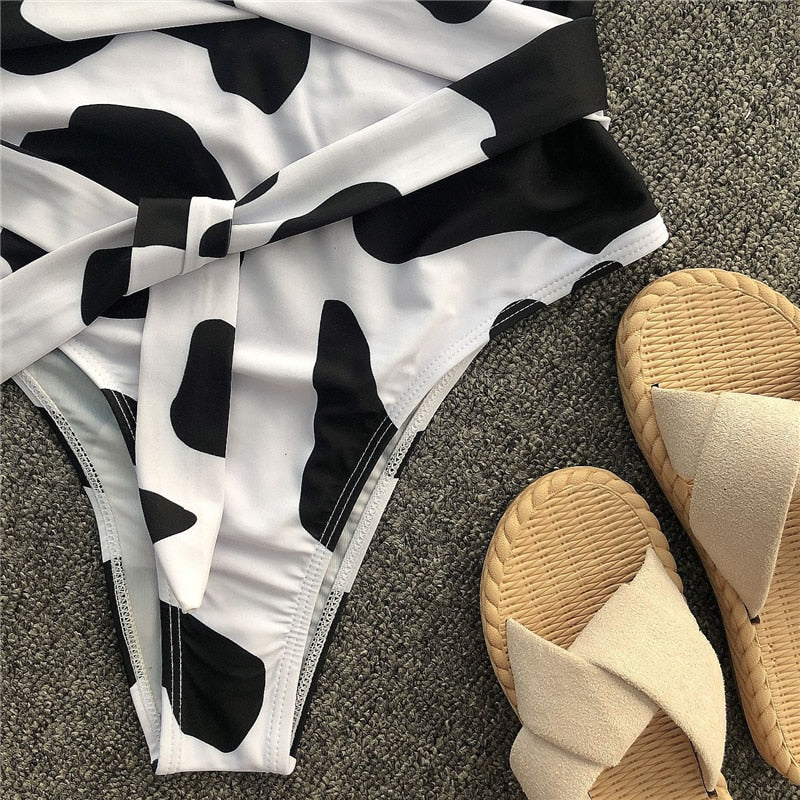 2020 البقرة طباعة قطعة واحدة ملابس السباحة عالية الخصر ملابس النساء مثير العميق الخامس الرقبة لباس سباحة للنساء شاطئ ثوب السباحة Monokini