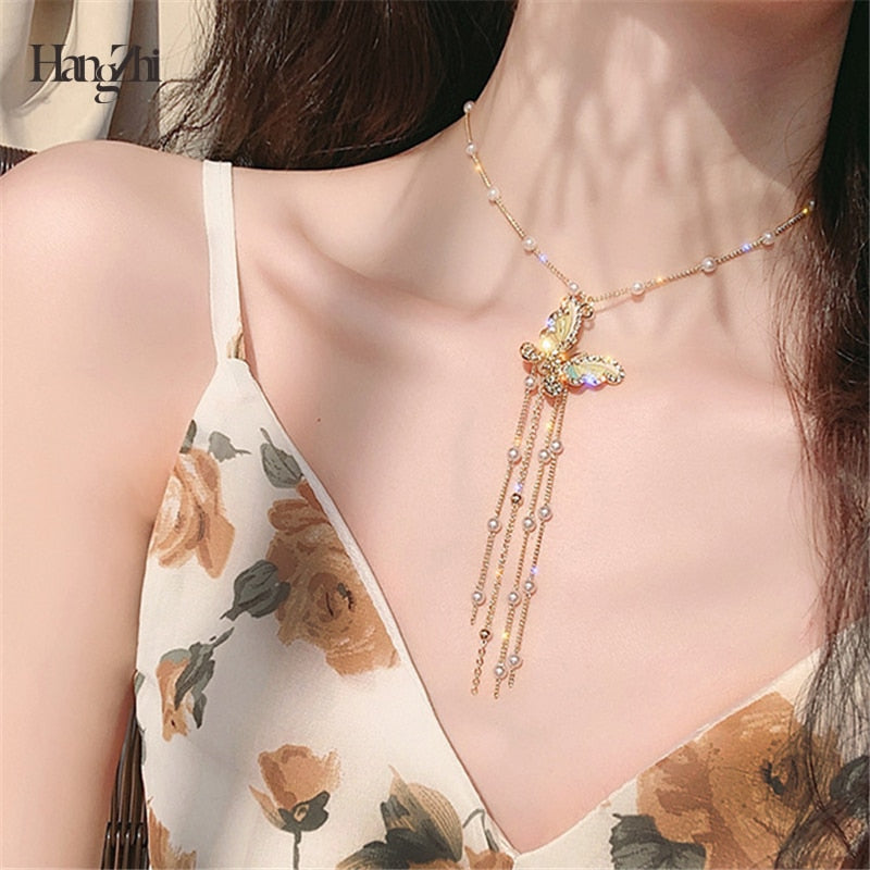 HangZhi 2020 New Korean Trendy Zircon Pearl Long Tassel Color Butterfly Pendant Collar Necklace for Women Summer Travel Jewelry