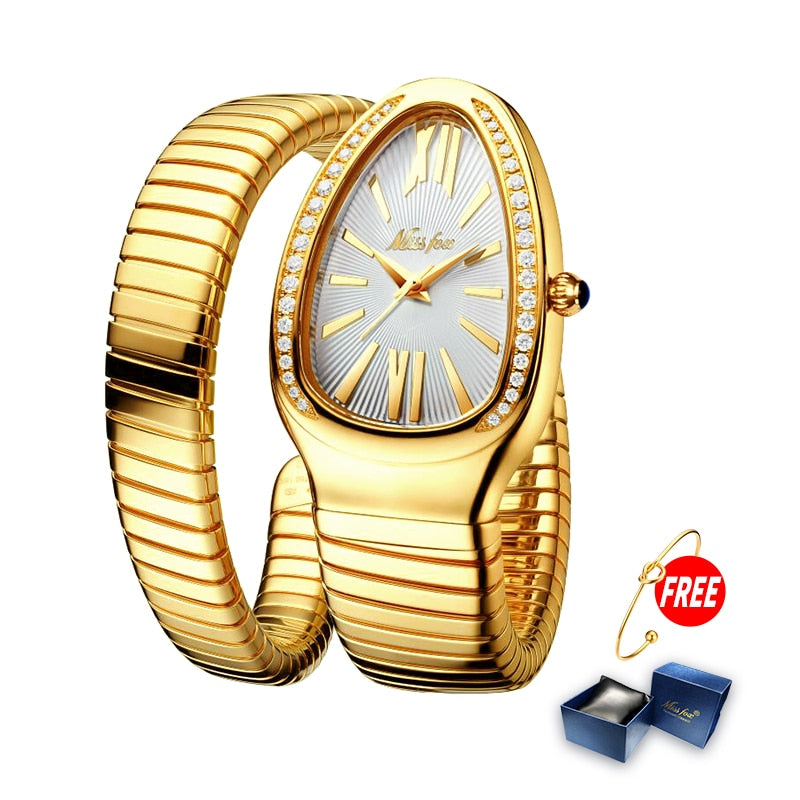 MISSFOX Women&#39;s Watches Snake Shape Luxury Wrist Watch For Women Steel Unique Gold Quartz Ladies Watch Clock Relogio Feminino