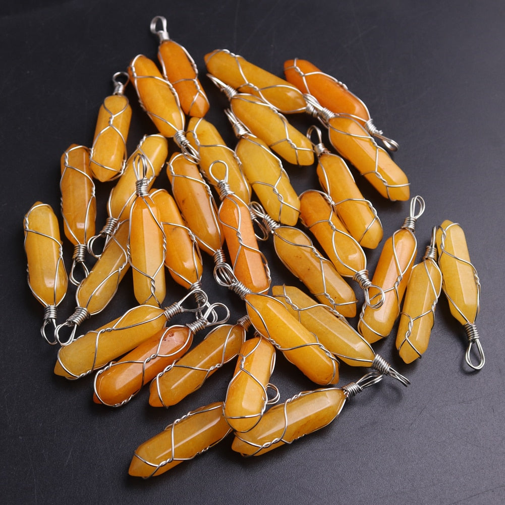 50PCS Factory Outlet Jewelry Wrapped Pendants Natural Gem Stone Wire Winding Bead For Making Necklace Crystal Hexagonal Pendulum