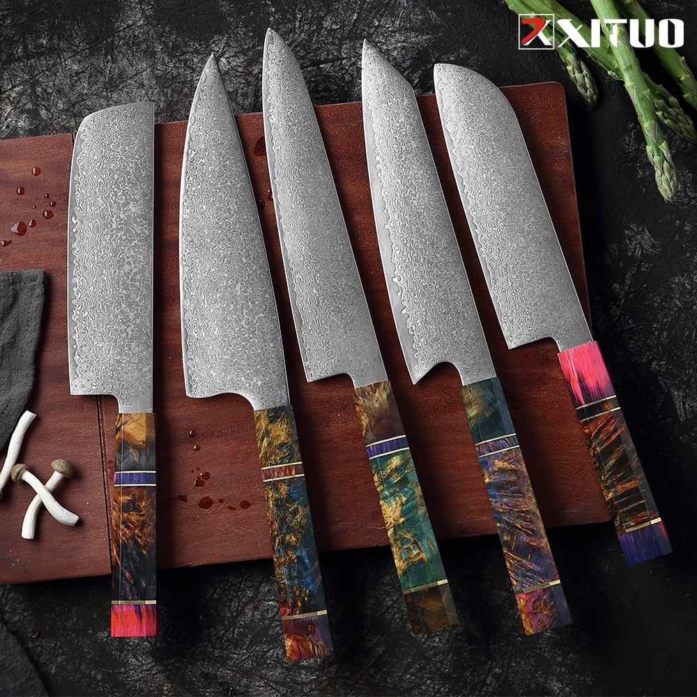 XITUO Damascus Kitchen Knife Set Chef Nakiri Knife 67 Layers Japanese Damascus Steel Chef Knife Razor Sharp Blade Colorful Wood