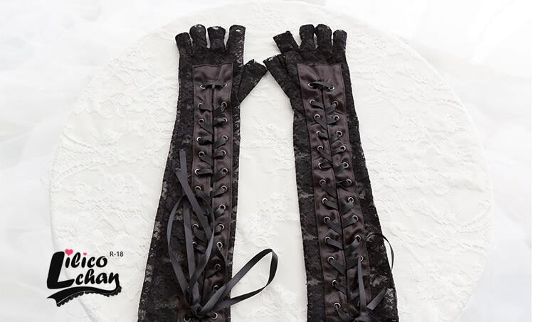 Black Lace Up Fingerless Gloves Elbow steampunk for Womens Costume Party Arm Warmer Sexy Mittens Clubwear Cosplay Accessories