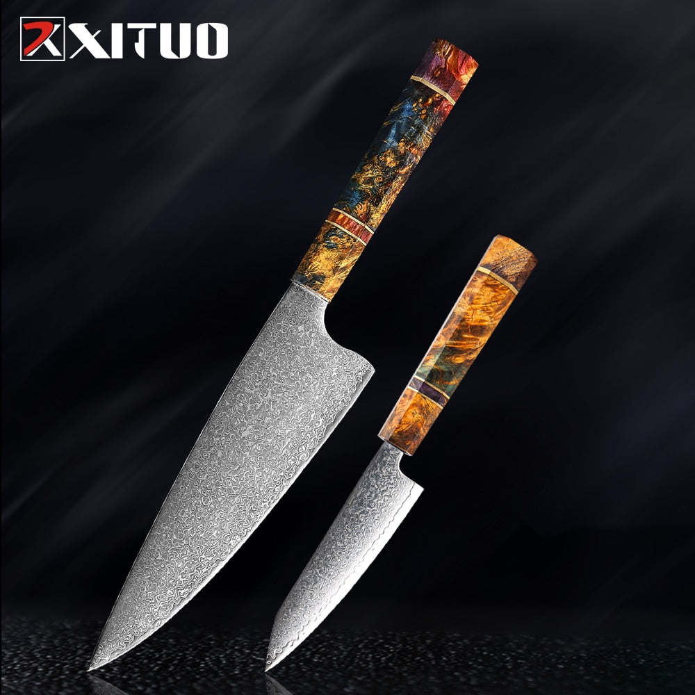 XITUO Damascus Kitchen Knife Set Chef Nakiri Knife 67 Layers Japanese Damascus Steel Chef Knife Razor Sharp Blade Colorful Wood