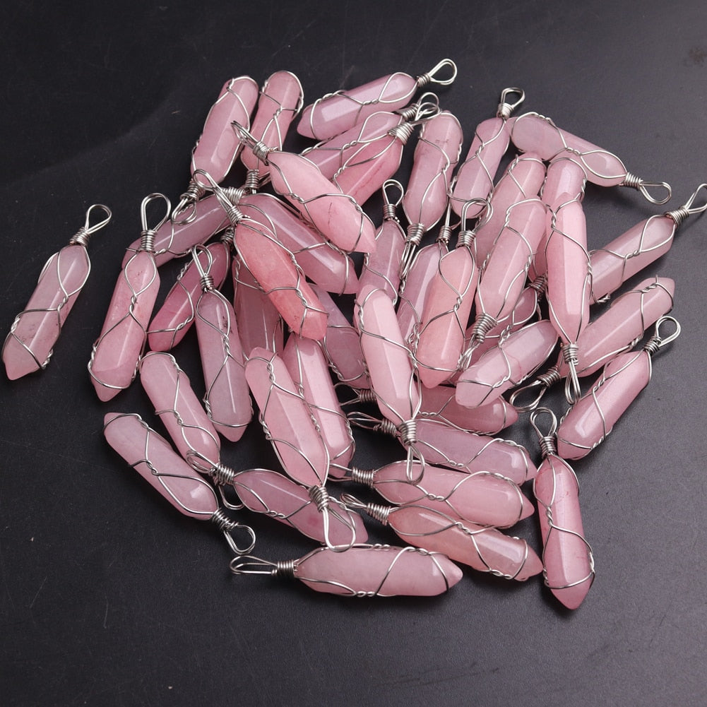 50PCS Factory Outlet Jewelry Wrapped Pendants Natural Gem Stone Wire Winding Bead For Making Necklace Crystal Hexagonal Pendulum