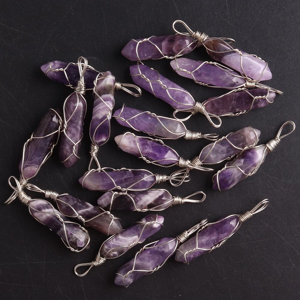 50PCS Factory Outlet Jewelry Wrapped Pendants Natural Gem Stone Wire Winding Bead For Making Necklace Crystal Hexagonal Pendulum