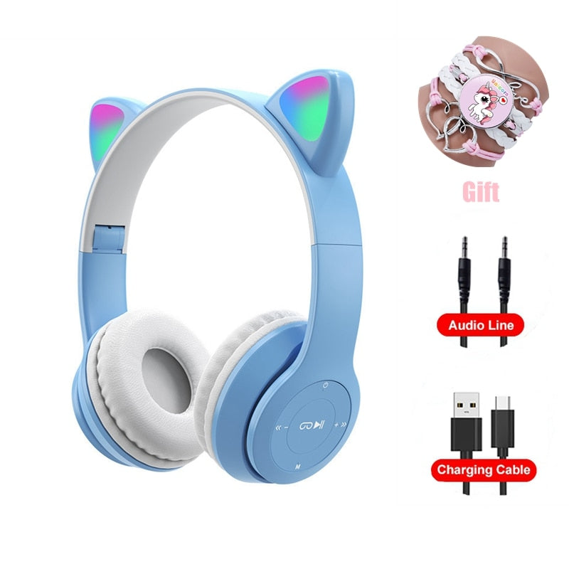 Pink Girl Wireless Headphones RGB Cute Cat Ears Headset With Microphone Noise Cancelling Kid Stereo Music casco Children&#39;s Gifts