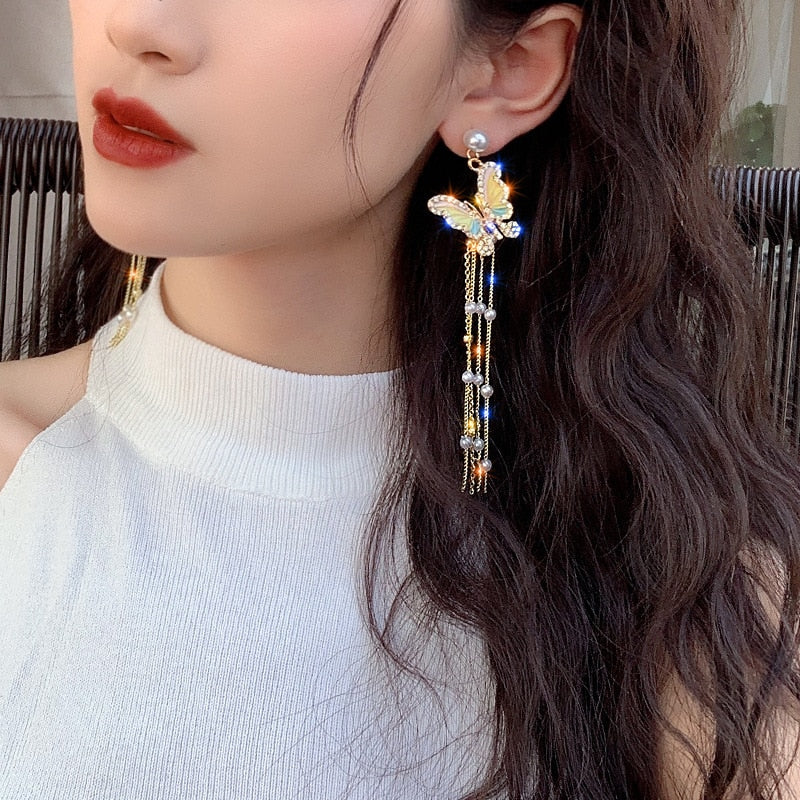 HangZhi 2020 New Korean Trendy Zircon Pearl Long Tassel Color Butterfly Pendant Collar Necklace for Women Summer Travel Jewelry