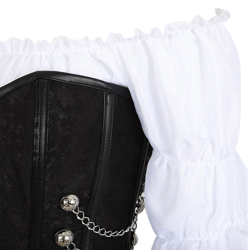 مشد تنورة 3 قطع من الجلد فستان مشدات مشد Steampunk القراصنة الملابس الداخلية كورسيتو غير منتظم سخرية حجم كبير أسود بني