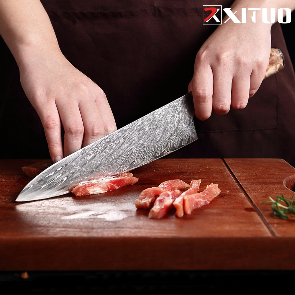 XITUO Damascus Steel Japanese VG10 Chef Knife Paring Fruit Vegetable Kitchen knife Blue Resin Color Wood Handle Cooking Tool