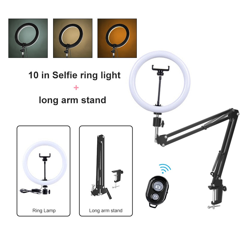 PYNSSEU 26cm LED Ring Light with 1.1/1.6/2.0M RGB lamp Stand Dimmable 10&quot; Selfie Ring Lamp with Phone Clip for Youtube Makeup