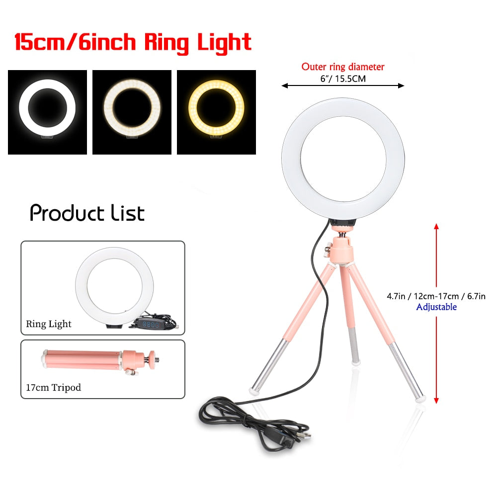 SH 16cm 6 inch Ring Light With Tripod Stand Usb Charge Selfie Led Lamp Dimmable Photography Light For Photo Photography Studio