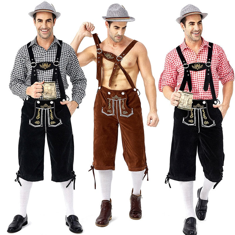 Adults German Bavarian Oktoberfest Costumes Men Traditional Outfit Plaid Shirt Embroidered Straps Shorts Halloween Carnival Set