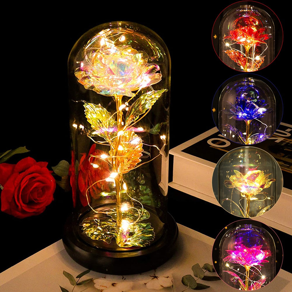 Artificial Eternal Rose LED Light Beauty The Beast In Glass Gold Foil Flower Valentine&#39;s Day Gift Enchanted Rose Fairy Lights