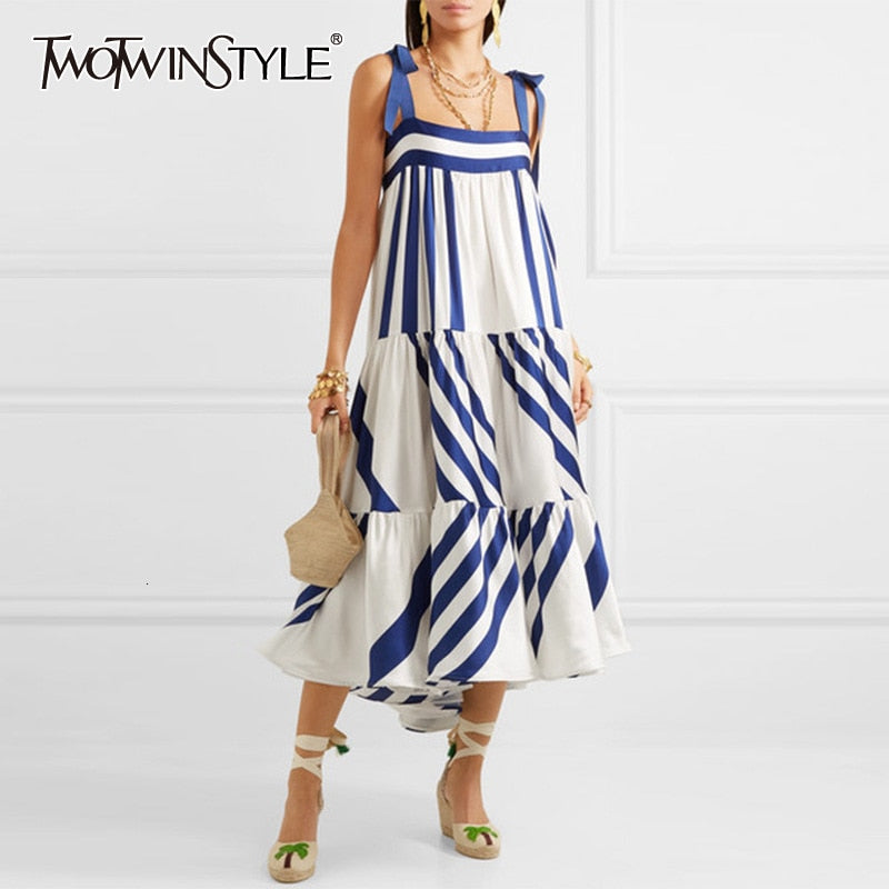 TWOTWINSTYLE Striped Spaghetti Strap Dress 2022 Summer Clothes For Women Streetwear Boho Sleeveless A Line Elegant Long Dresses