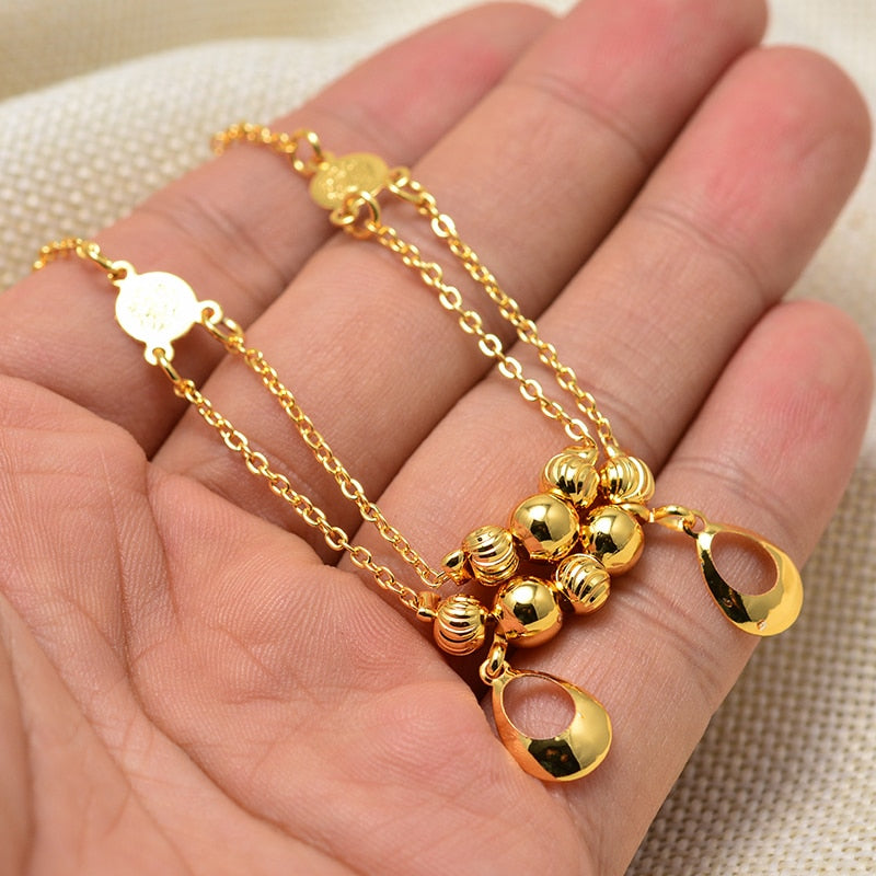 Annayoyo Dubai Arab Vintage Golden Link Chain Anklets For Women Men Baby Ankle Bracelet Fashion Beach Accessories Jewelry