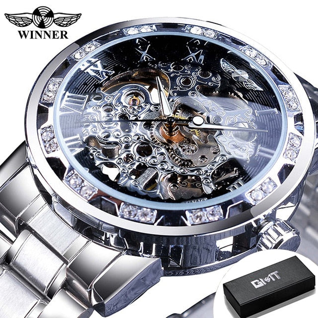 Winner Transparent Fashion Diamond Luminous Gear Movement Royal Design Men Top Brand Luxury Male Mechanical Skeleton Wrist Watch