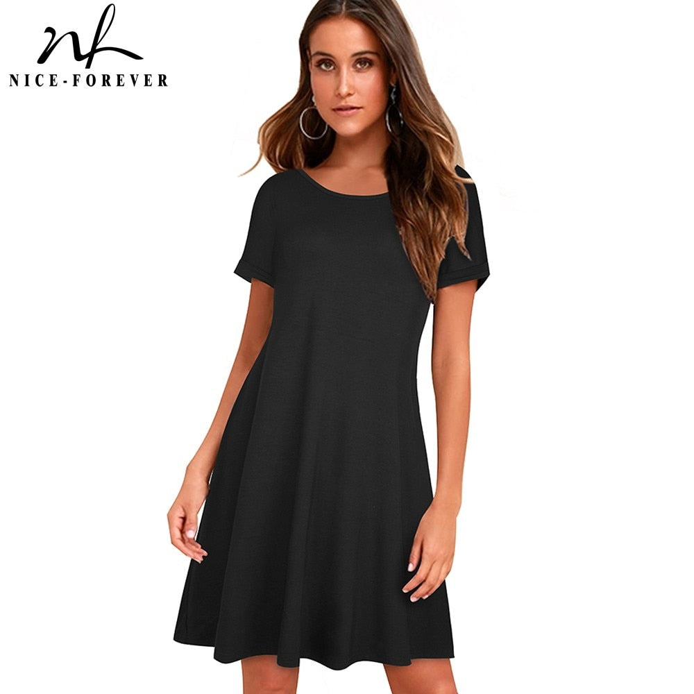 لطيفة إلى الأبد السببية لون نقي الأساسية الصيف فساتين قصيرة المرأة مستقيم التحول فستان فضفاض A211