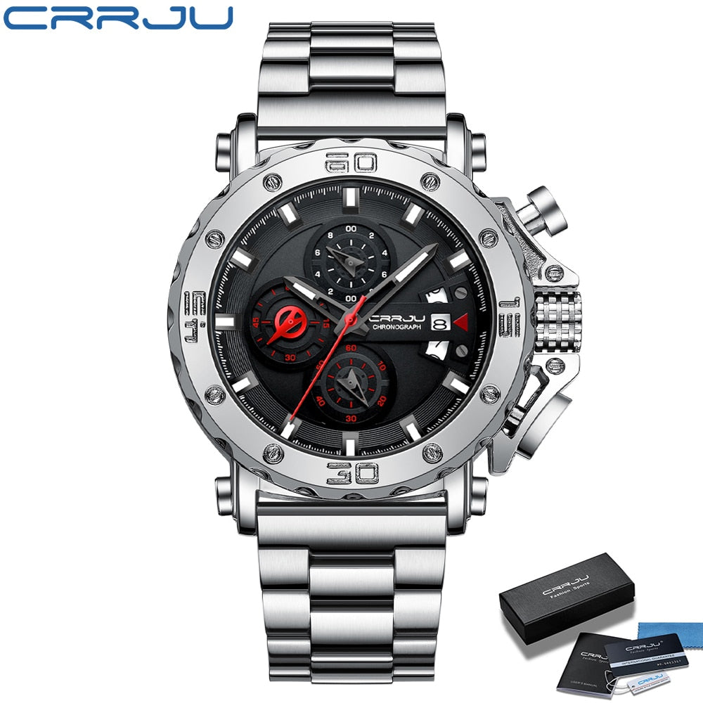 CRRJU Watch for Men Top Brand Luxury Big Dial Stainless Steel Waterproof Chronograph Wristwatches with Date Relogio Masculino