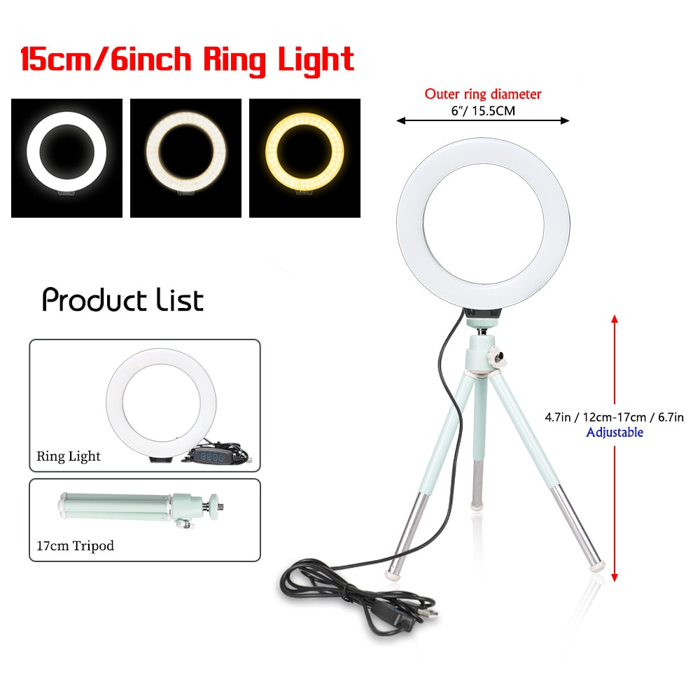 SH 16cm 6 inch Ring Light With Tripod Stand Usb Charge Selfie Led Lamp Dimmable Photography Light For Photo Photography Studio